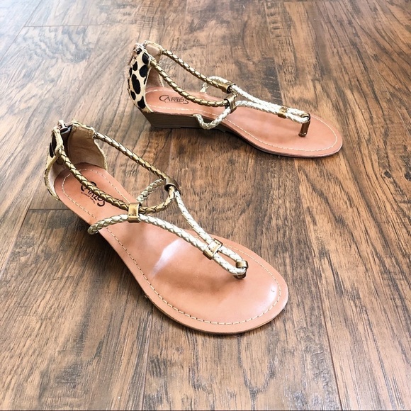 Carlos Santana • Friday sandals leopard pony hair gold braid strap wedge - Picture 1 of 11